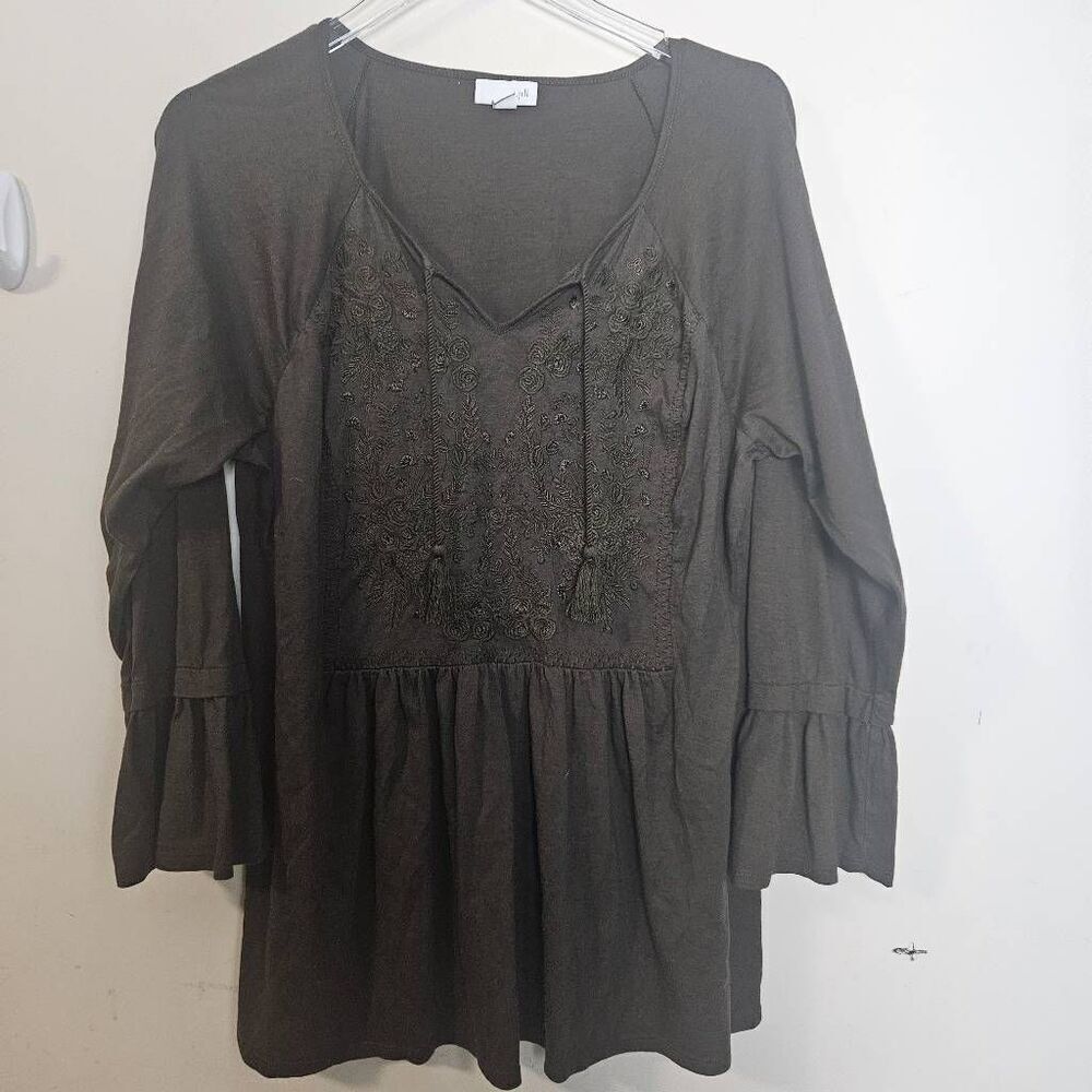 J.Jill Embroidered Tassel Peplum Ruffle Bell Sleeve Tunic Top Green Women XL
